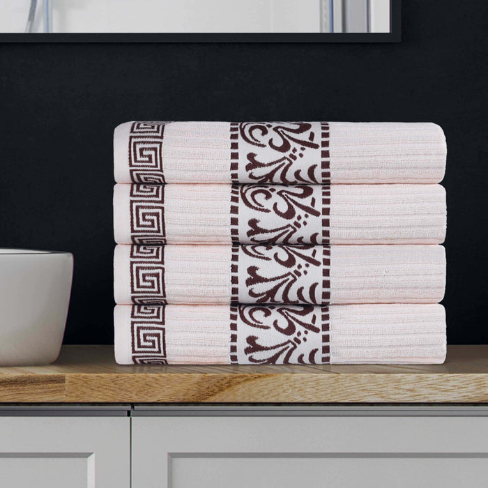 Athens Cotton Greek Scroll and Floral 4 Piece Assorted Bath Towel Set - Ivory-Chocolate