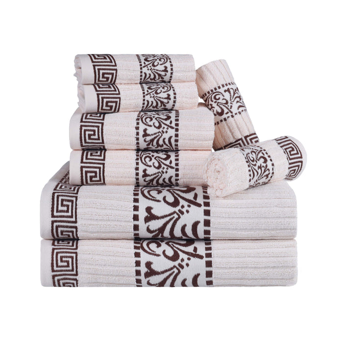 Athens Cotton with Greek Scroll and Floral Pattern 8-Piece Towel Set - Ivory-Chocolate