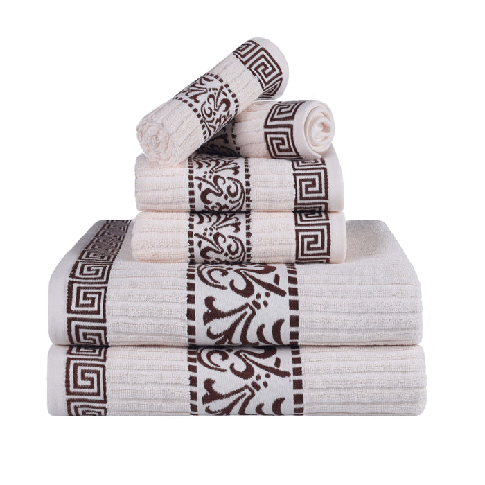 Athens Cotton Greek Scroll and Floral 6-Piece Assorted Towel Set - Ivory-Chocolate