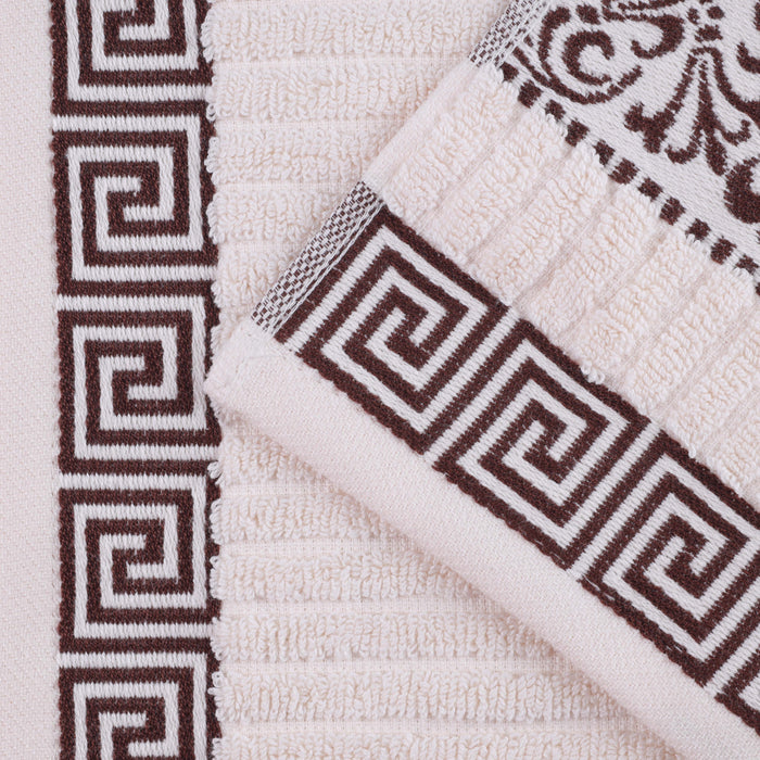 Athens Cotton Greek Scroll and Floral 4 Piece Assorted Bath Towel Set - Ivory-Chocolate