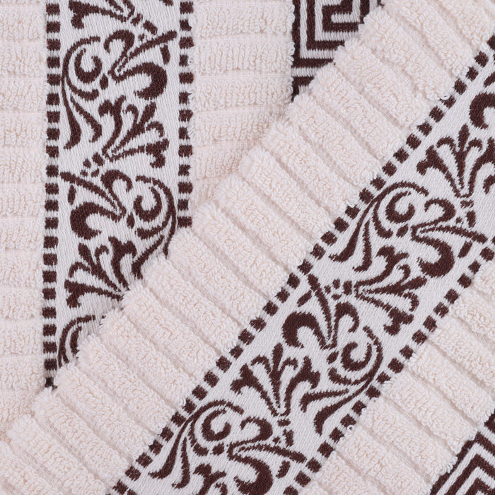 Athens Cotton Greek Scroll and Floral 4 Piece Assorted Bath Towel Set - Ivory-Chocolate