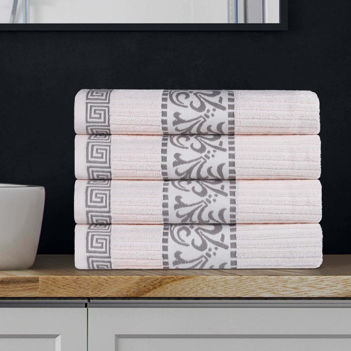 Athens Cotton Greek Scroll and Floral 4 Piece Assorted Bath Towel Set - Ivory-Chrome