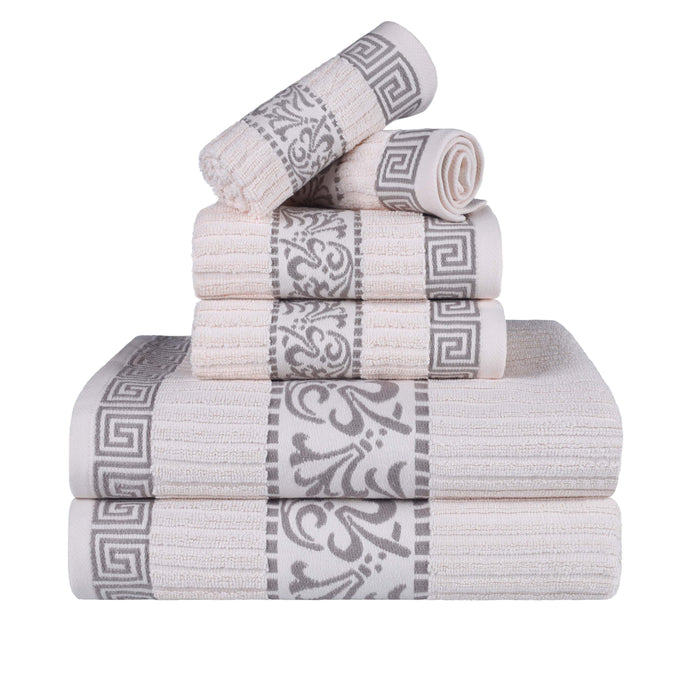 Athens Cotton Greek Scroll and Floral 6-Piece Assorted Towel Set - Ivory-Chrome