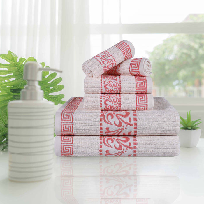 Athens Cotton Greek Scroll and Floral 6-Piece Assorted Towel Set - Ivory-Coral