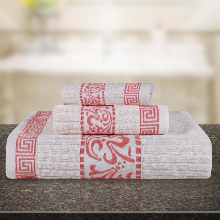 Athens Cotton Greek Scroll and Floral 3-Piece Assorted Towel Set  - Ivory-Coral