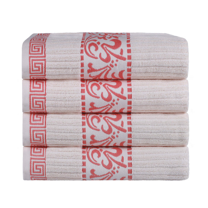 Athens Cotton Greek Scroll and Floral 4 Piece Assorted Bath Towel Set - Ivory-Coral