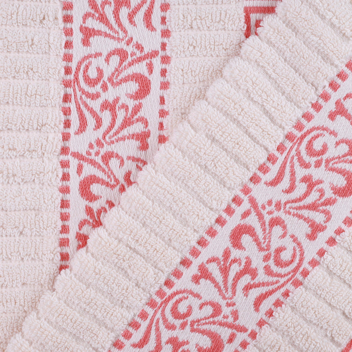 Athens Cotton with Greek Scroll and Floral Pattern 8-Piece Towel Set - Ivory-Coral