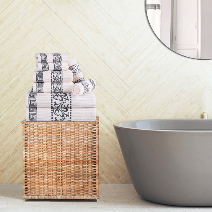 Athens Cotton with Greek Scroll and Floral Pattern 8-Piece Towel Set - Ivory-Gray