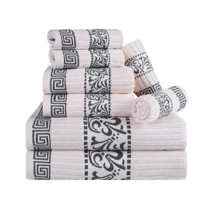 Athens Cotton with Greek Scroll and Floral Pattern 8-Piece Towel Set - Ivory-Gray