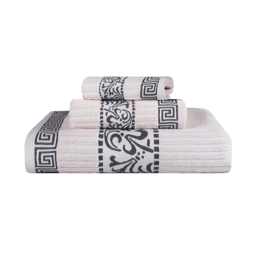 Athens Cotton Greek Scroll and Floral 3-Piece Assorted Towel Set  - Ivory-Gray