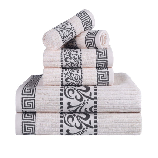 Athens Cotton Greek Scroll and Floral 6-Piece Assorted Towel Set - Ivory-Gray