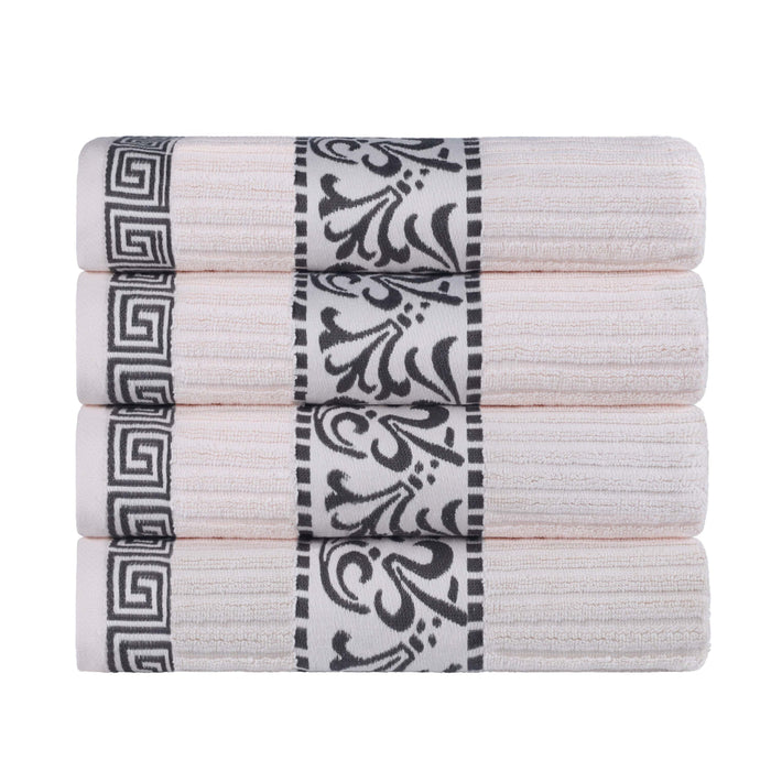 Athens Cotton Greek Scroll and Floral 4 Piece Assorted Bath Towel Set - Ivory-Gray