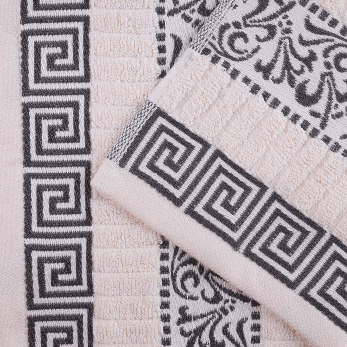 Athens Cotton Greek Scroll and Floral 4 Piece Assorted Bath Towel Set - Ivory-Gray