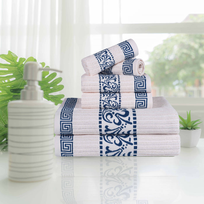 Athens Cotton Greek Scroll and Floral 6-Piece Assorted Towel Set - Ivory-NavyBlue