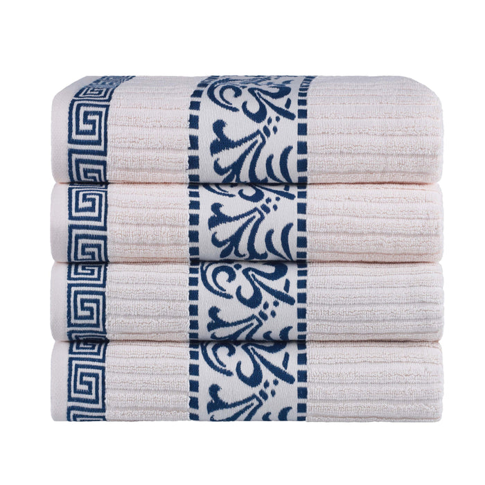 Athens Cotton Greek Scroll and Floral 4 Piece Assorted Bath Towel Set - Ivory-NavyBlue