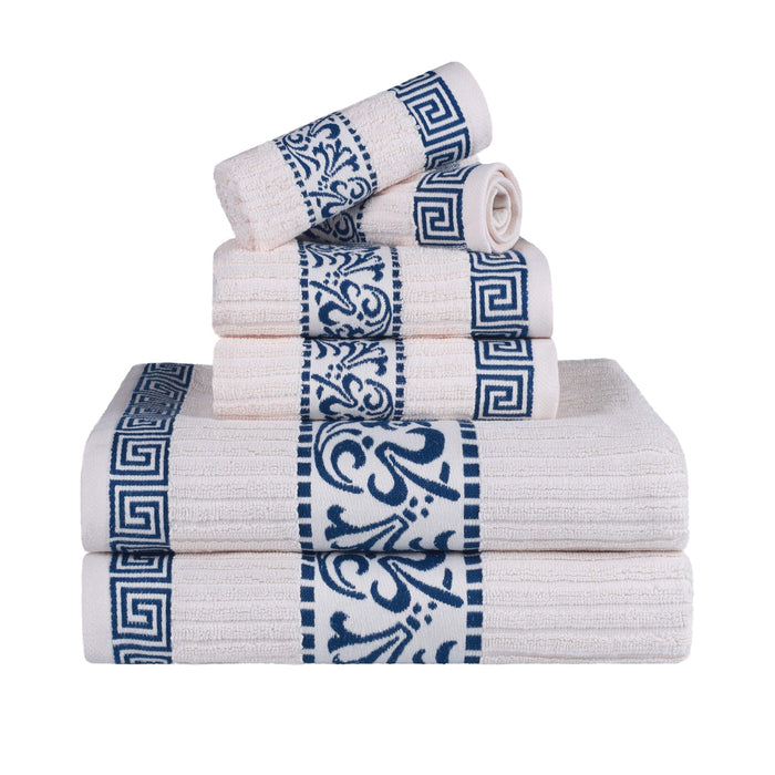 Athens Cotton Greek Scroll and Floral 6-Piece Assorted Towel Set - Ivory-NavyBlue