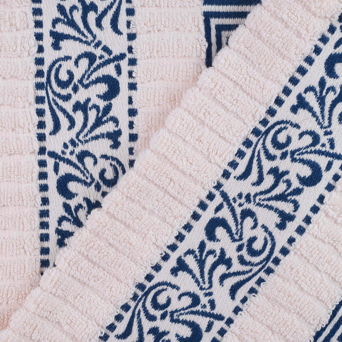 Athens Cotton Greek Scroll and Floral 4 Piece Assorted Bath Towel Set - Ivory-NavyBlue