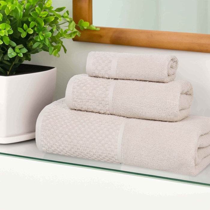 Lodie Cotton Plush Soft Absorbent Jacquard Solid 3 Piece Towel Set - Ivory