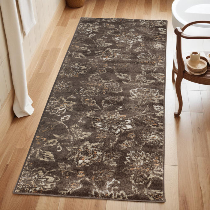 Jacobean Floral Modern Farmhouse Indoor Area Rug or Runner Rug -Brown