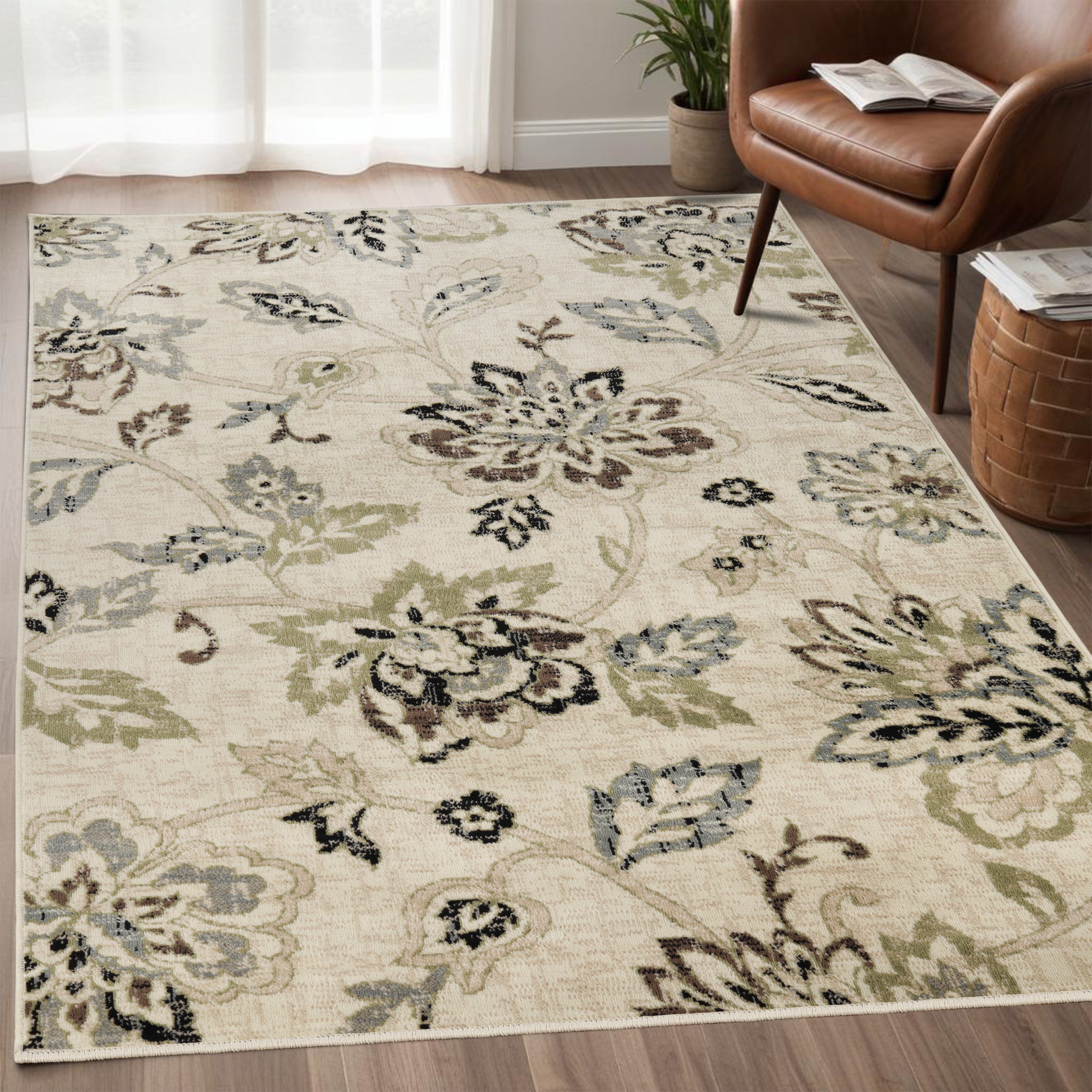 Jacobean Floral Modern Farmhouse Indoor Area Rugs or Runner Rug – Blue ...