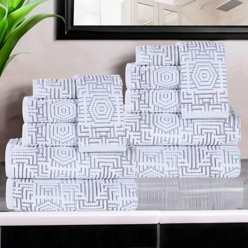 Cotton Modern Geometric Jacquard Plush Absorbent 12 Piece Towel Set - Blue