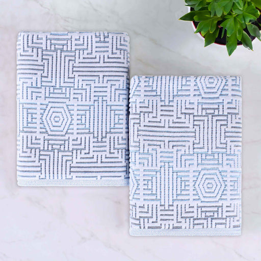 Cotton Modern Geometric Jacquard Plush Absorbent Bath Sheet Set of 2 - Blue