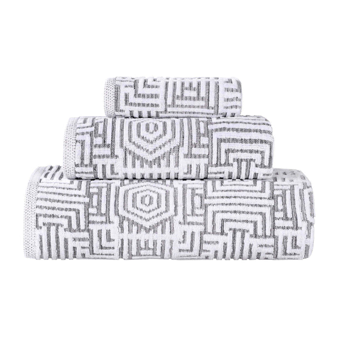 Cotton Modern Geometric Jacquard Plush Absorbent 3 Piece Towel Set - Charcoal