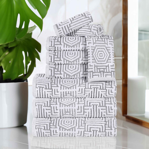 Cotton Modern Geometric Jacquard Plush Absorbent 9 Piece Towel Set - Charcoal