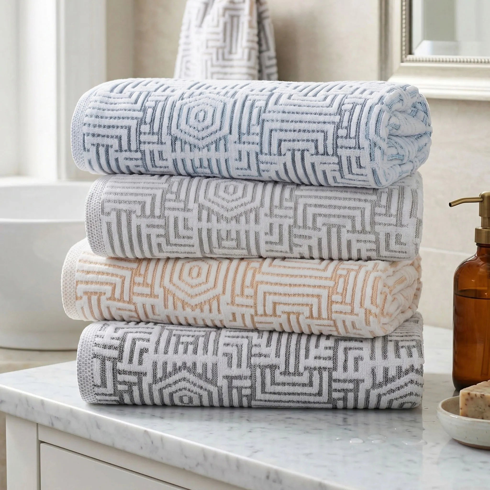 BNM Jasper Cotton Geometric Jacquard Plush Bath Towel Set 2-Piece