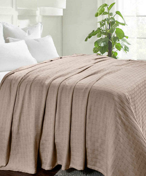 Basketweave All Season Cotton Bed Blanket & Sofa Throw - Khaki