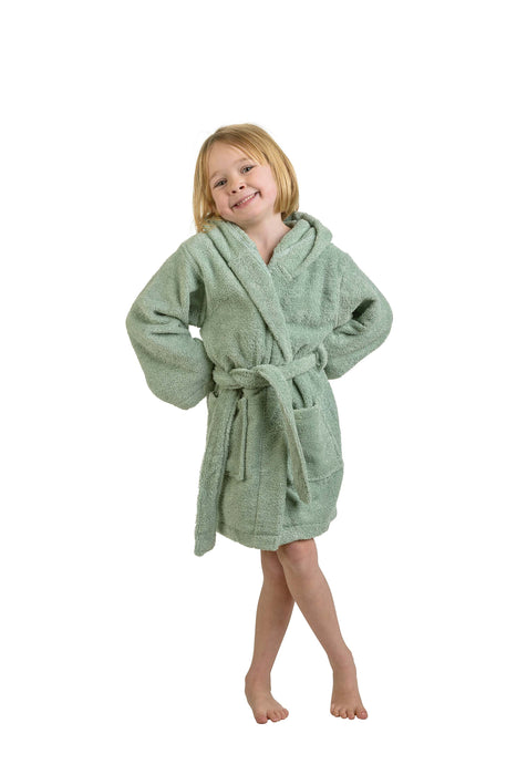 Cotton Terry Bath Robe Unisex Kids Hooded Bathrobe  - Sage