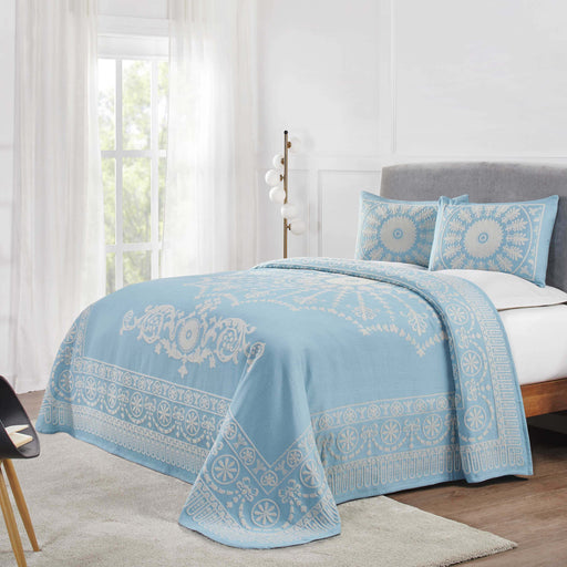 Traditional Medallion Cotton Blend Woven Jacquard Bedspread Set - Aqua