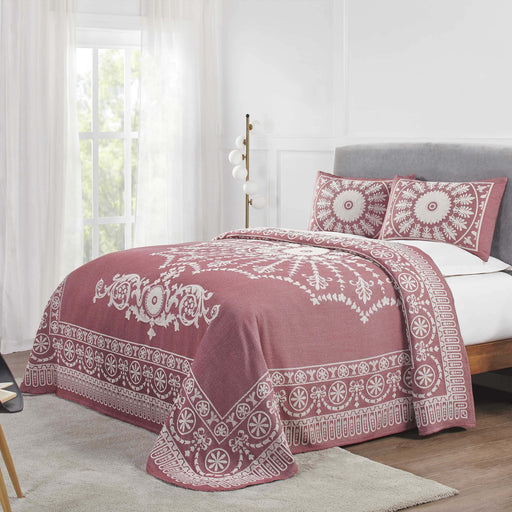 Traditional Medallion Cotton Blend Woven Jacquard Bedspread Set - Berry Red