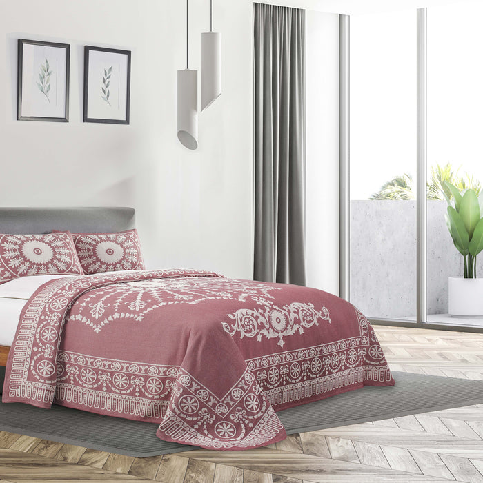 Traditional Medallion Cotton Blend Woven Jacquard Bedspread Set - Berry Red
