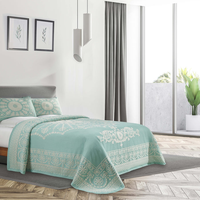 Traditional Medallion Cotton Blend Woven Jacquard Bedspread Set - Turquoise