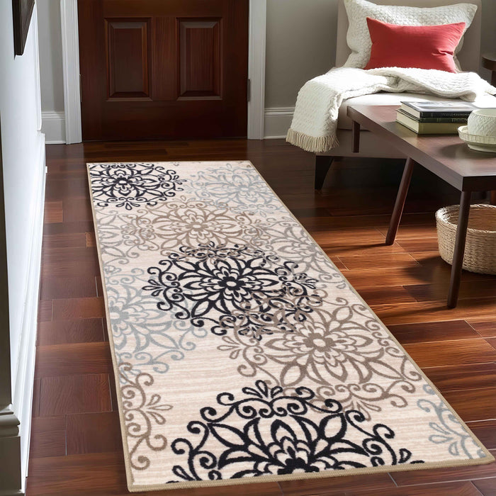 Leigh Non-Slip Modern Floral Medallion Indoor Area Rug Or Runner Rug