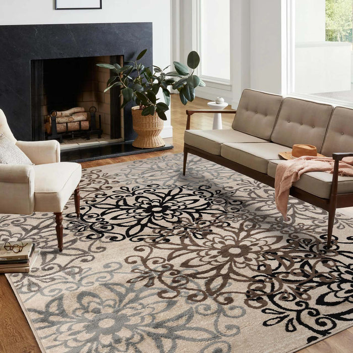 Leigh Non-Slip Modern Floral Medallion Indoor Area Rug Or Runner Rug - Beige