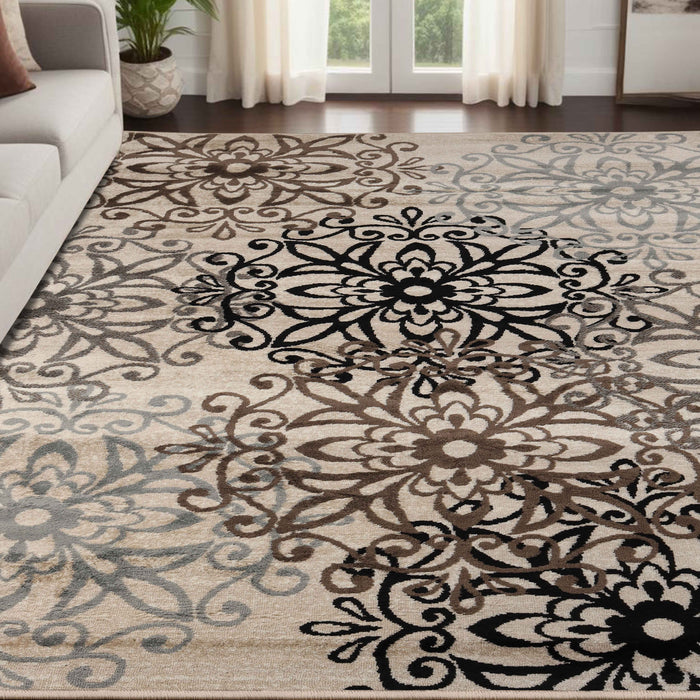 Leigh Traditional Floral Scroll Indoor Area Rugs or Runner Rug - Beige