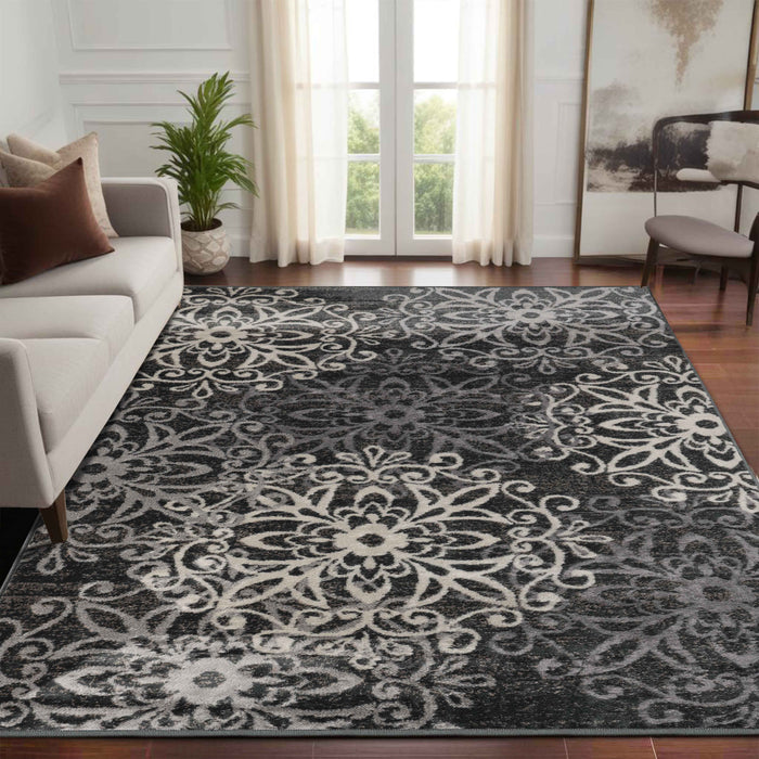 Leigh Traditional Floral Scroll Indoor Area Rugs or Runner Rug - Gray