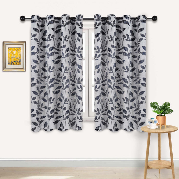 Leaves Machine Washable Room Darkening Blackout Curtains, Set of 2 - White/Navy