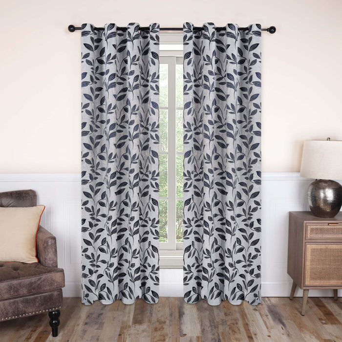 Leaves Machine Washable Room Darkening Blackout Curtains, Set of 2 - White/Navy