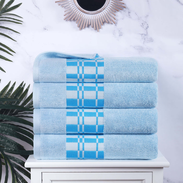 Cotton Geometric Embroidered Jacquard Border 4 Piece Bath Towel Set - Light Blue