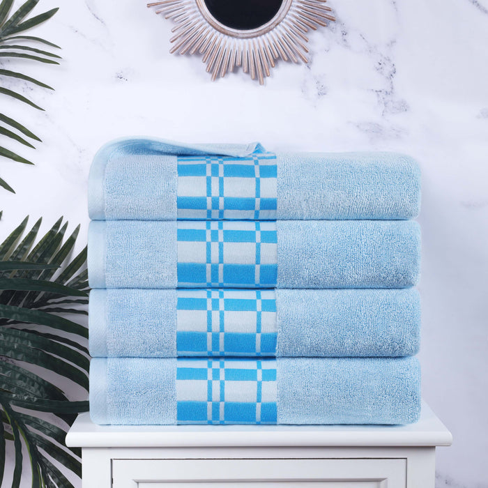 Larissa Cotton Geometric Embroidered Border Bath Towels, Set of 4 - LightBlue