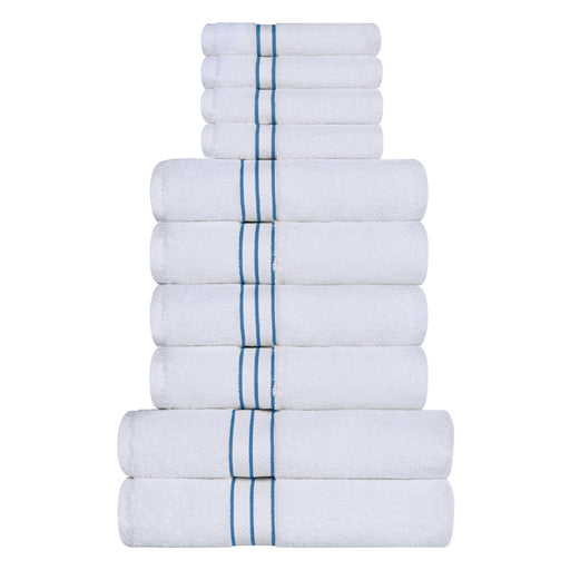 Turkish Cotton Ultra-Plush Solid 10-Piece Highly Absorbent Towel Set - White/Light Blue