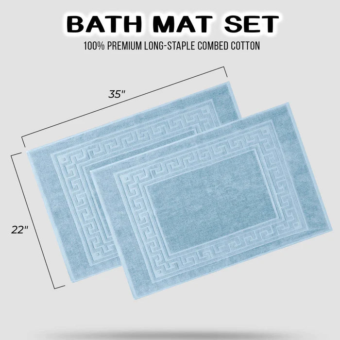 Cotton 2 Piece Greek Key Border Super Absorbent Bath Mat Set - Light Blue