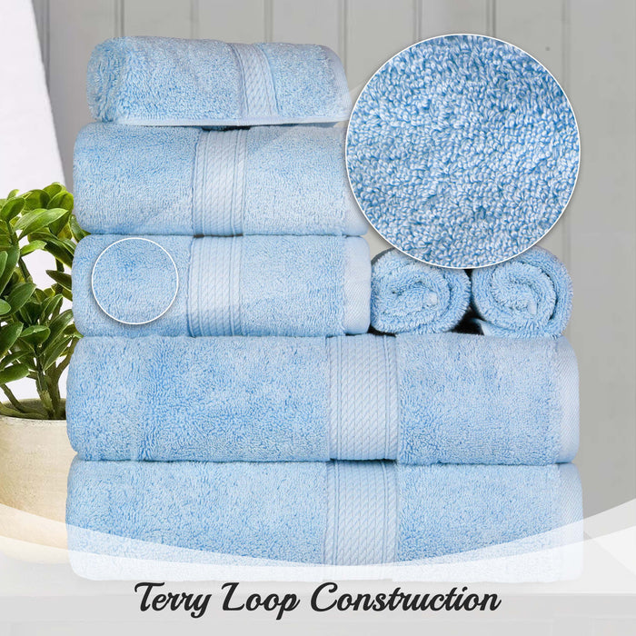 Egyptian Cotton Pile Plush Heavyweight Absorbent 8 Piece Towel Set - Light Blue