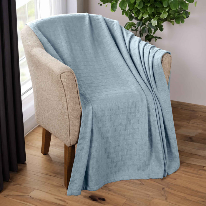 Basketweave All Season Cotton Bed Blanket & Sofa Throw - Light Blue
