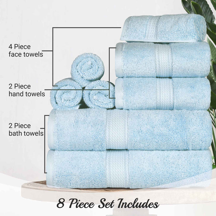 Egyptian Cotton Pile Plush Heavyweight Absorbent 8 Piece Towel Set - LightBlue