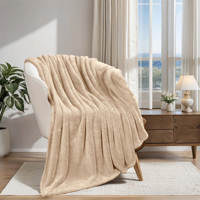 Classic Solid Fleece Plush Medium Weight Fluffy Soft Blanket - Linen