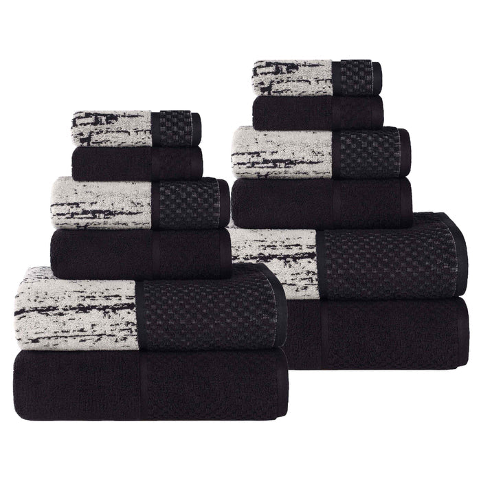 Lodie Cotton Plush Jacquard Solid and Two-Toned 12 Piece Towel Set - Black/Ivory